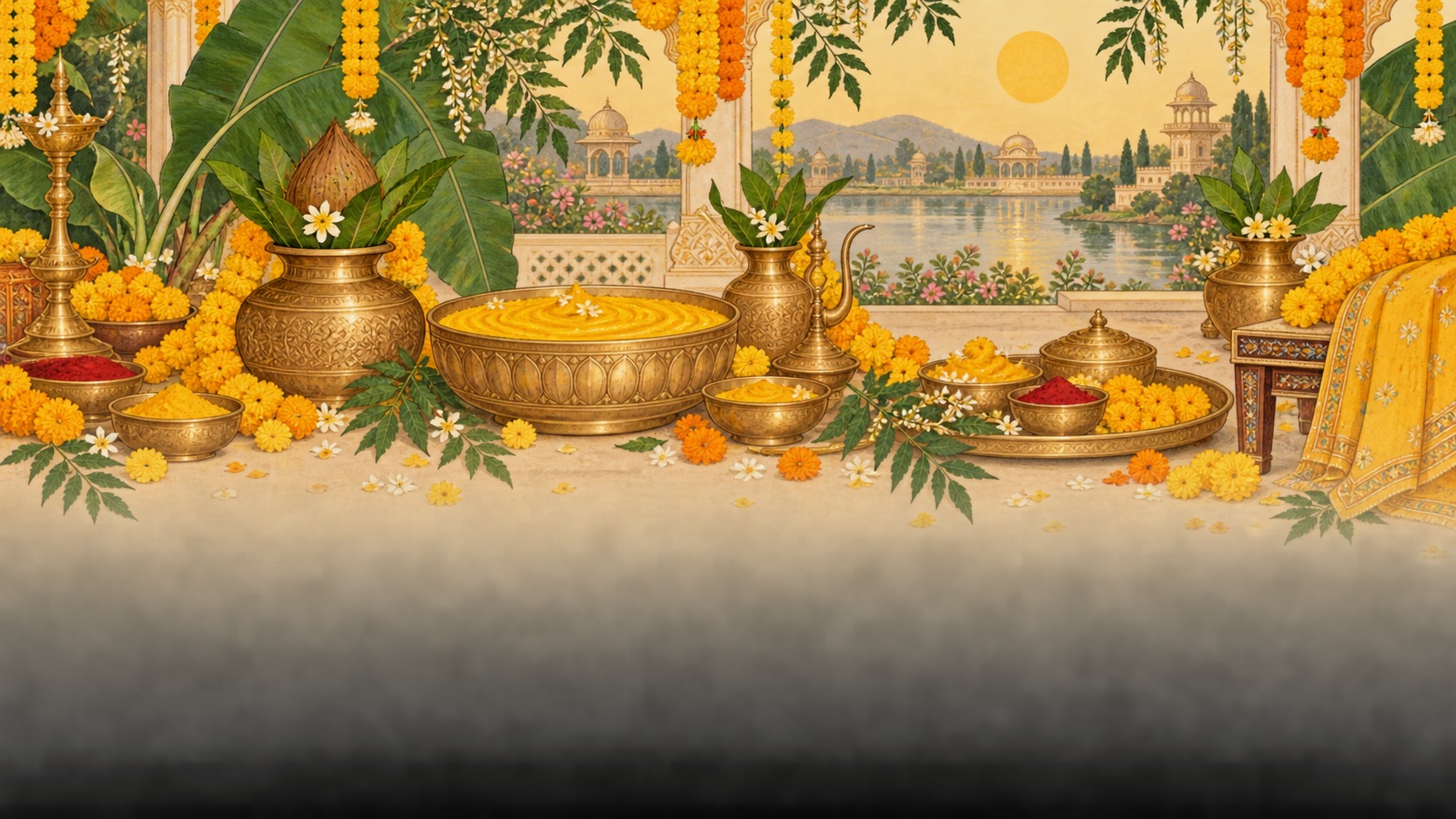 Morning ceremony with marigolds, kalash and haldi