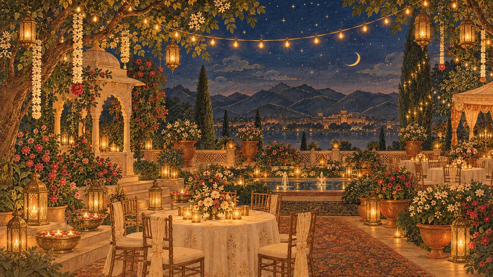 Garden reception with candlelit tables